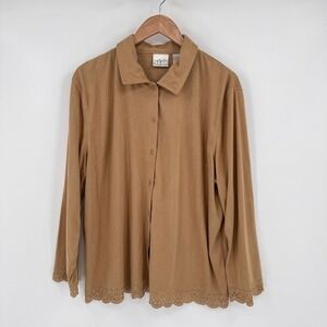 Villager Sport Camel Faux Suede Button Up Long Sleeve Blouse Scalloped Hem